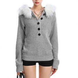 灰色连帽毛领毛衣女秋冬季高级感韩系慵懒针织衫收腰修身短款帽衫