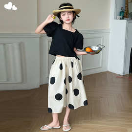 女童夏款时尚休闲套装儿童洋气短袖波点七分裤两件套大童潮酷穿搭