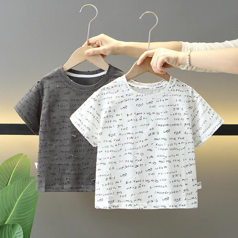 7831 Camiseta de manga corta de verano para niños 2025 Nuevo estilo de verano para niños Tops de media manga ropa coreana para bebés