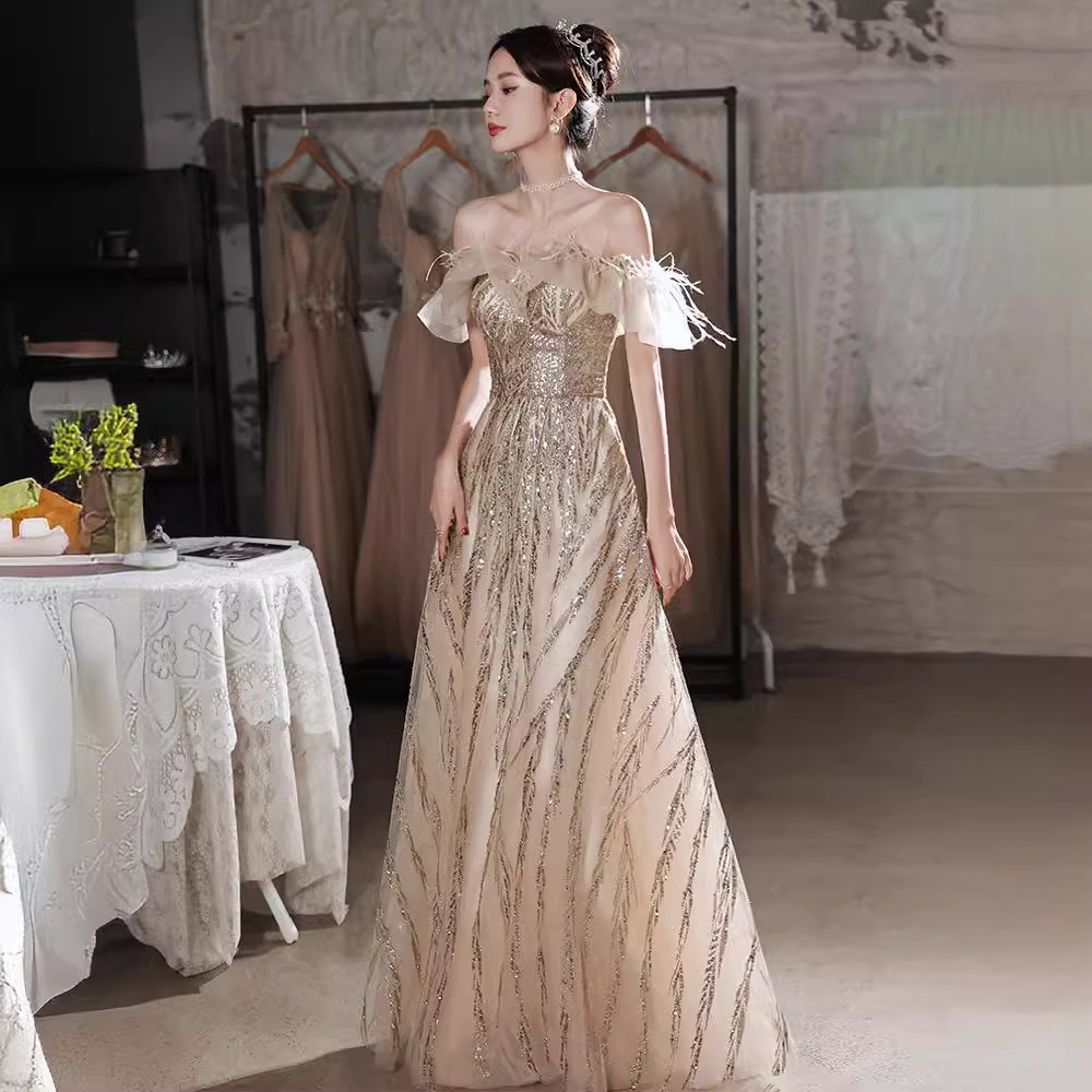 Sequin Evening Dress for Women 2026 New Banquet Performance Dress Birthday Champagne Color Light Luxury Niche Host Dress