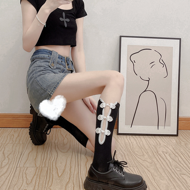 New Chinese style cheongsam buckle decorative side open cotton socks pile socks sweet cream girl calf socks mid-calf socks New Chinese style cheongsam buckle decorative side open cotton socks pile socks sweet cream girl calf socks mid-calf socks