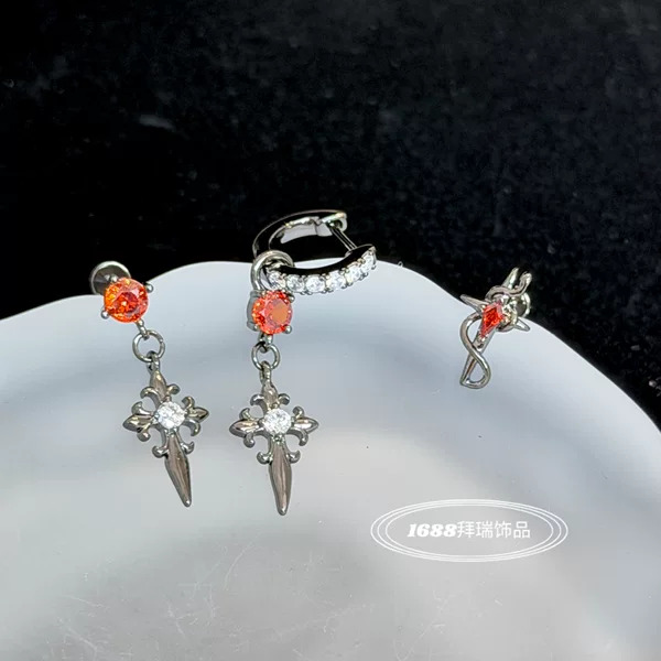 Fashionable, super cool, unique black and red dark-style cross and snake unisex piercing ear bone stud with straight pin