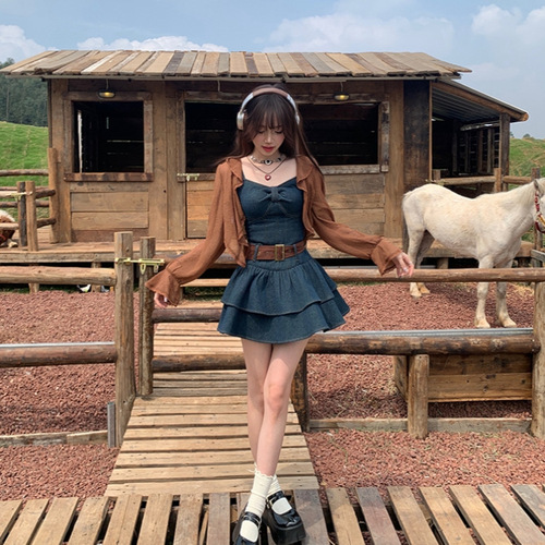 2025 Summer Women's Post-Apocalyptic Style Denim Suspender Dress + Cropped Cardigan Set for Petite Figures