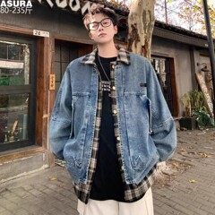美式复古假两件格子拼接牛仔外套男春秋季款情侣潮牌水洗痞帅夹克