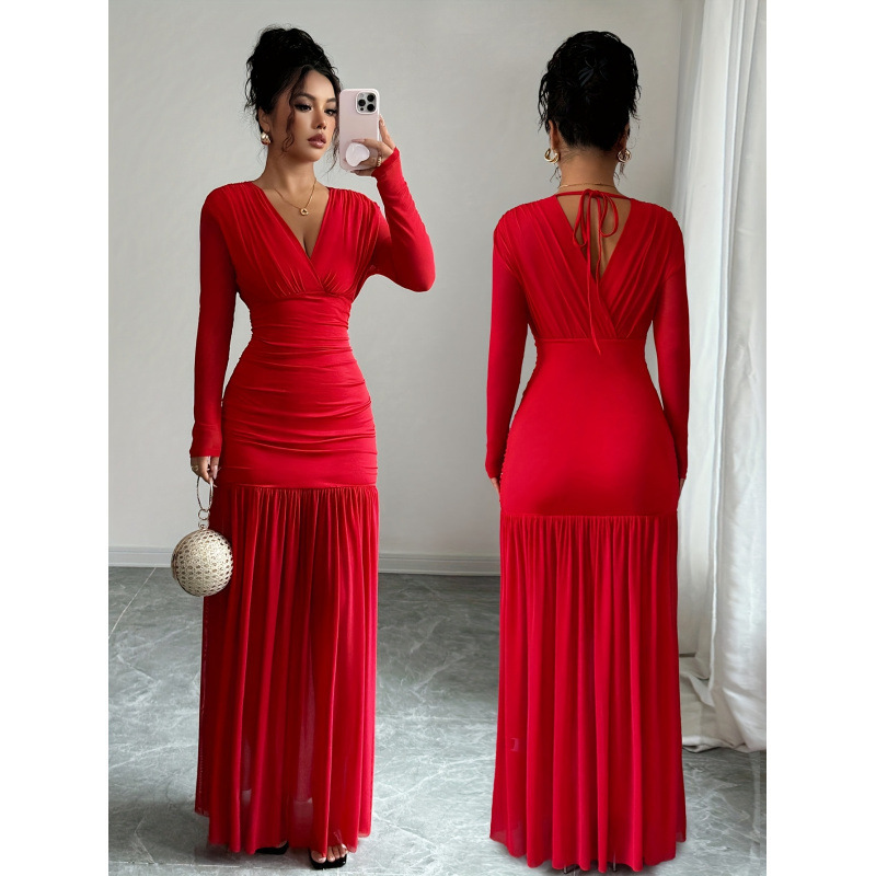Women's Autumn and Winter Fashion Elegant Sexy V Neck Pleated Waist Long Sleeve Long Dress Suitable for Dating Women's Autumn and Winter Fashion Elegant Sexy V Neck Pleated Waist Long Sleeve Long Dress Suitable for Dating