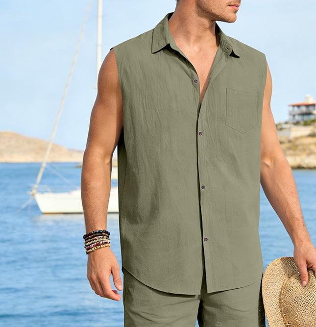 Chaleco de lino sin mangas para hombre estilo casual verano_voghion.com