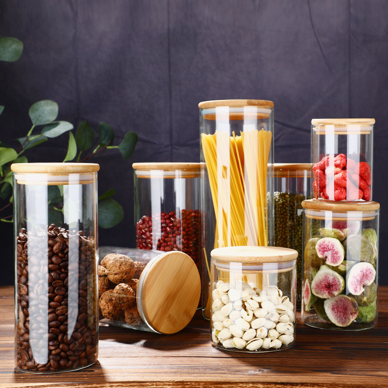 High Borosilicate Glass Sealed Jar Household Kitchen Miscellaneous Grain Candy Storage Bottle Transparent Tea Jar Bamboo Lid Storage Jar
