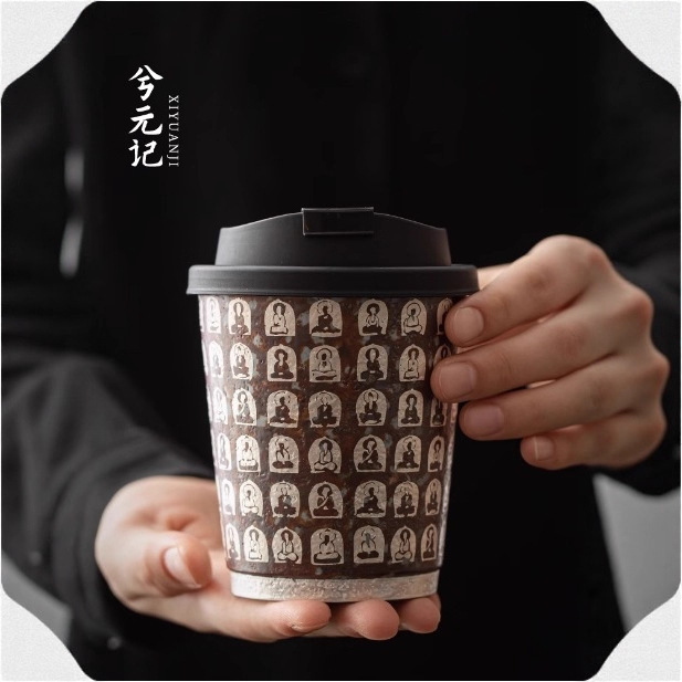万佛鎏银咖啡杯复古家用陶瓷茶杯可乐杯带盖喝水杯子随身杯办公杯|undefined