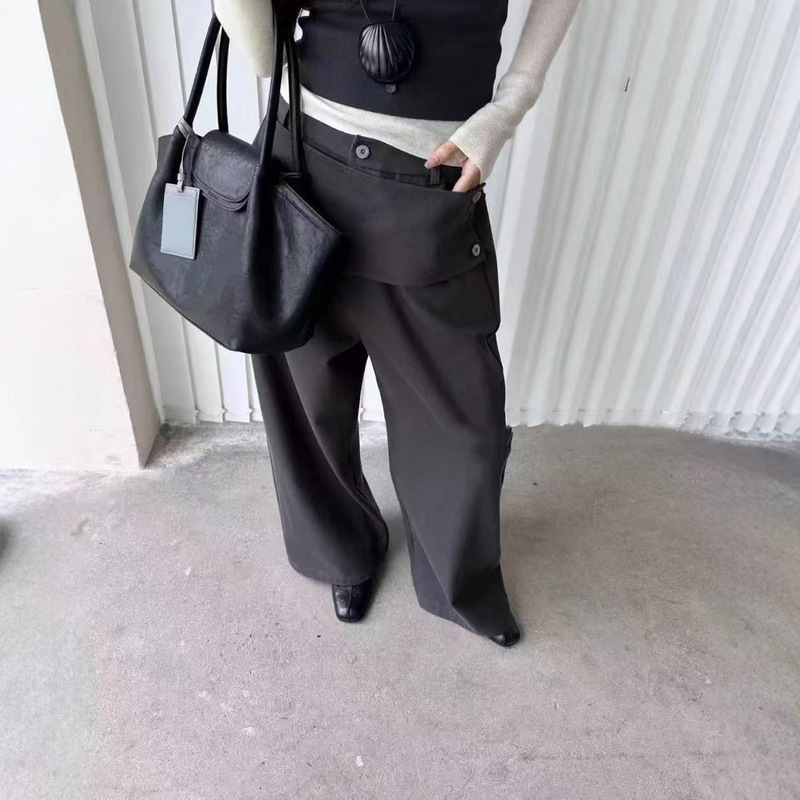 韩系假两件设计拼接屁帘小众阔腿裤女2025秋季新款气质休闲拖地裤|undefined