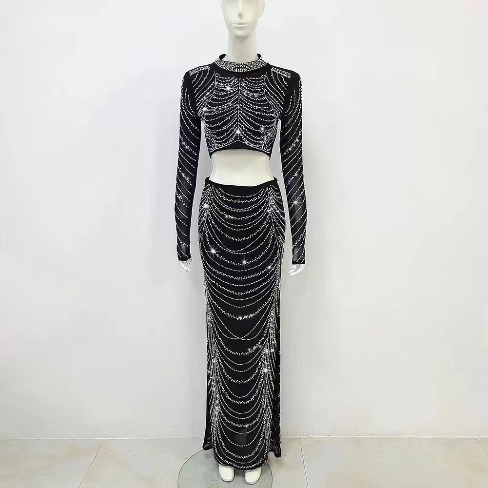 Cross-border Amazon hot selling European and American sexy fashion chain short top high waist skirt evening dress two-piece set