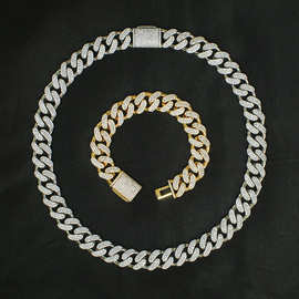 16mm铜镀金镶锆石3排迈阿密古巴链 欧美时尚Cucan Chain Necklace