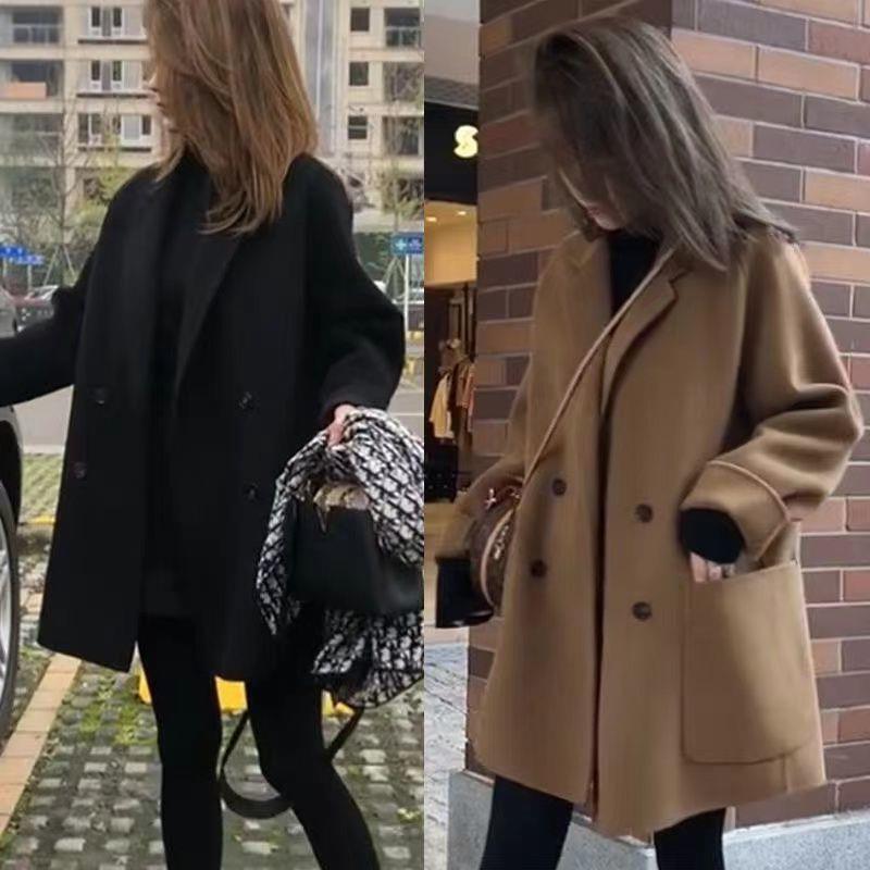 Korean style autumn and winter large pocket small woolen coat women's suit collar loose style mid-length woolen coat women
