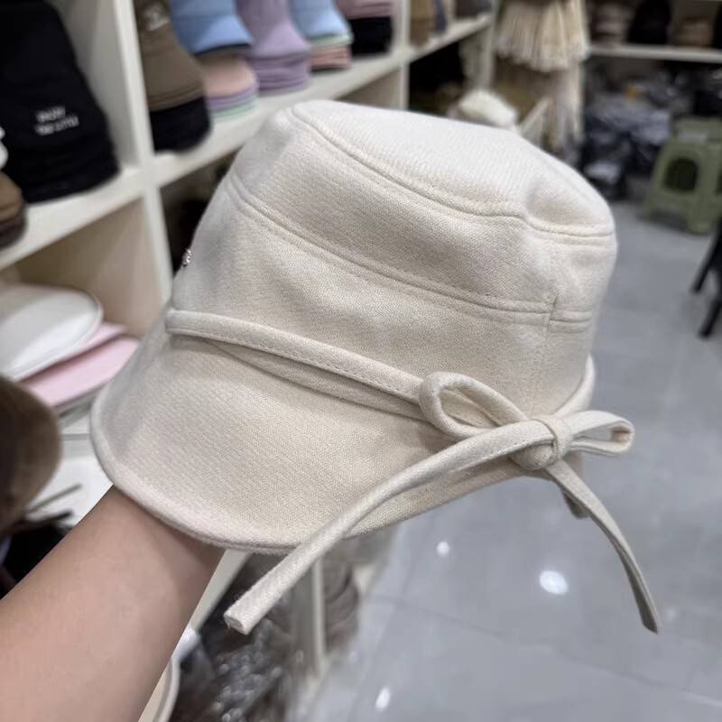 秋冬款保暖百搭显瘦毛呢渔夫帽子女小众可爱蝴蝶结系绳不规则盆帽|undefined