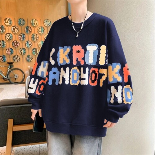 Trendy Stylish American Crew Neck Sweatshirt Men Spring and Autumn Season Youth Heavyweight Color Block Base Layer Top Shirt Lazy Jacket
