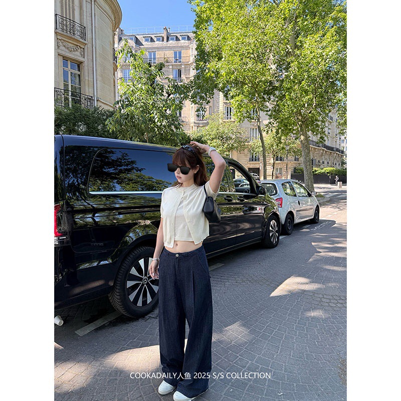 Cookadaily Mermaid Lyocell Linen Pleated Loose Straight Pants American Original Jeans Shorts