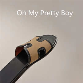 颜值！即将下架 帆布配黑色牛皮 男士拖鞋真皮户外男外穿夏沙滩