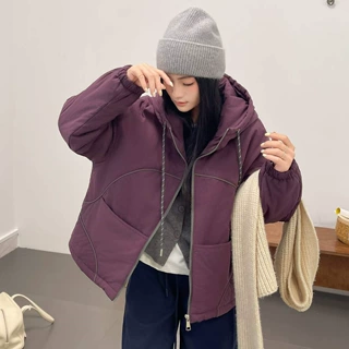 琪镌绘制夹棉连帽棉服女2026冬季新款松弛防风保暖棉衣女26177