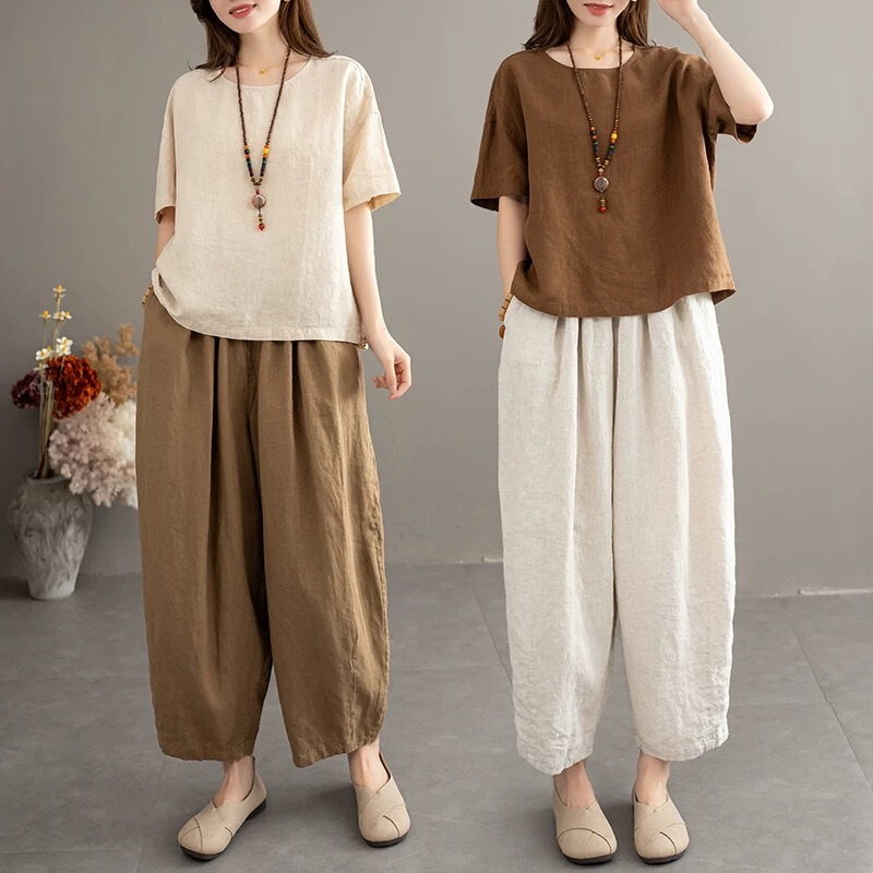 Cotton and Linen Suit for Women, Summer Ethnic Style Women's Clothing, Artistic Retro Casual Loose Top, Linen Wide-Leg Pants Two-Piece Set