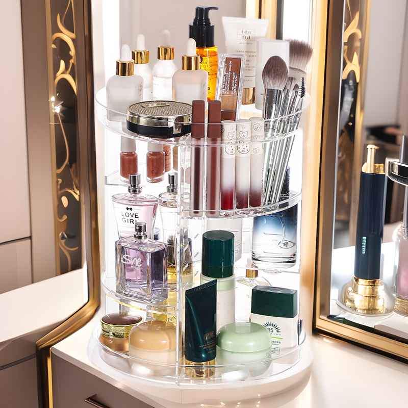 Transfronteriza Venta caliente 360 giratorio almacenamiento estante de escritorio transparente tocador cepillo de maquillaje productos de cuidado de la piel