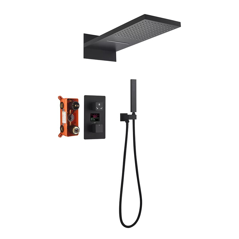 Black digital display wall-mounted concealed shower flying rain waterfall bathroom shower suit embedded box copper hot and cold Black digital display wall-mounted concealed shower flying rain waterfall bathroom shower suit embedded box copper hot and cold