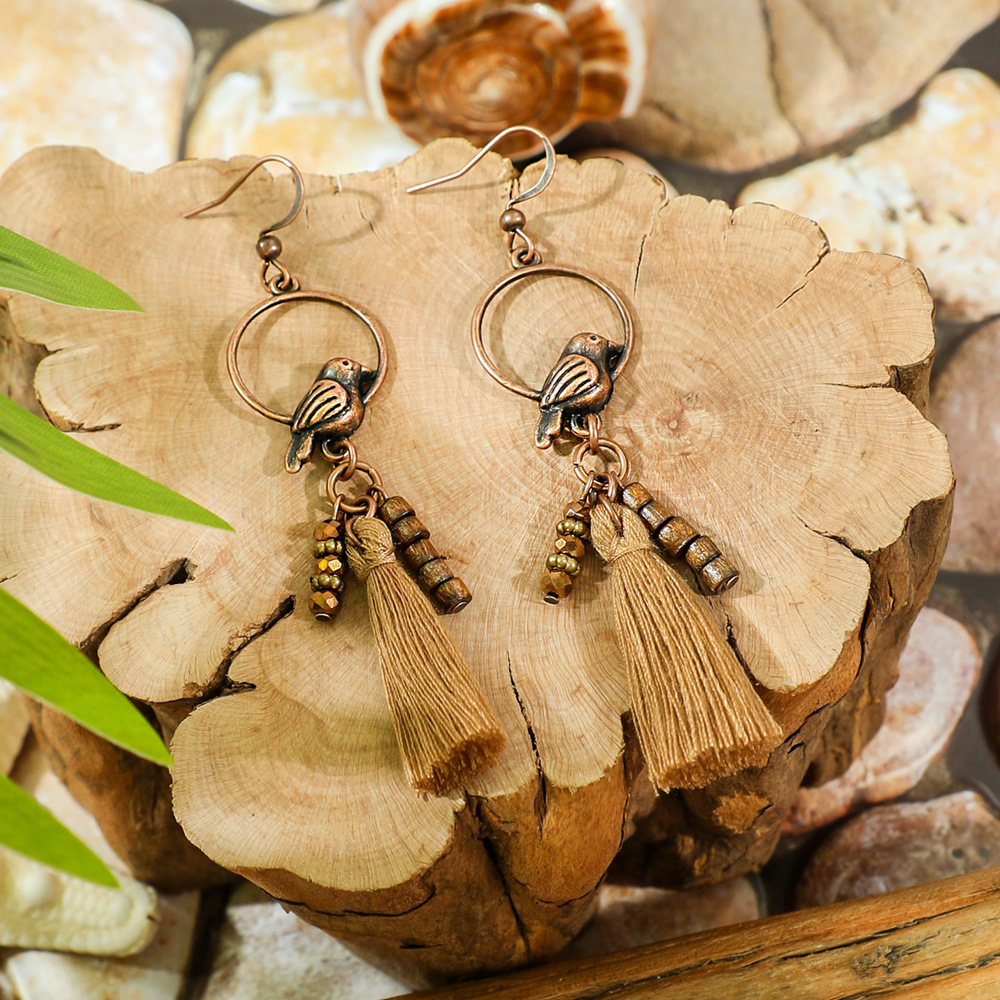 Bohemia Dream Catcher borla pendientes collar de madera estilo étnico largo borla colgante accesorios suéter cadena