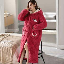 睡衣女士秋冬珊瑚绒三层夹棉袄加厚加绒保暖睡袍冬季卡通熊家居服
