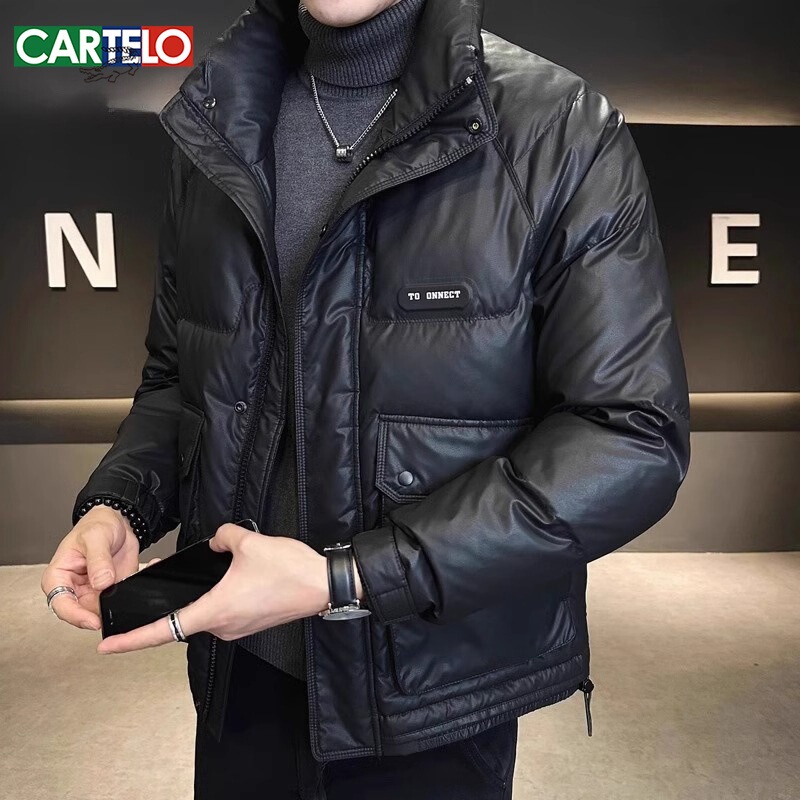 Xingmeng Classy down Jacket Men's Winter Short Stand-Up Collar Pu Leather Top Warm White Duck down Jacket for Men