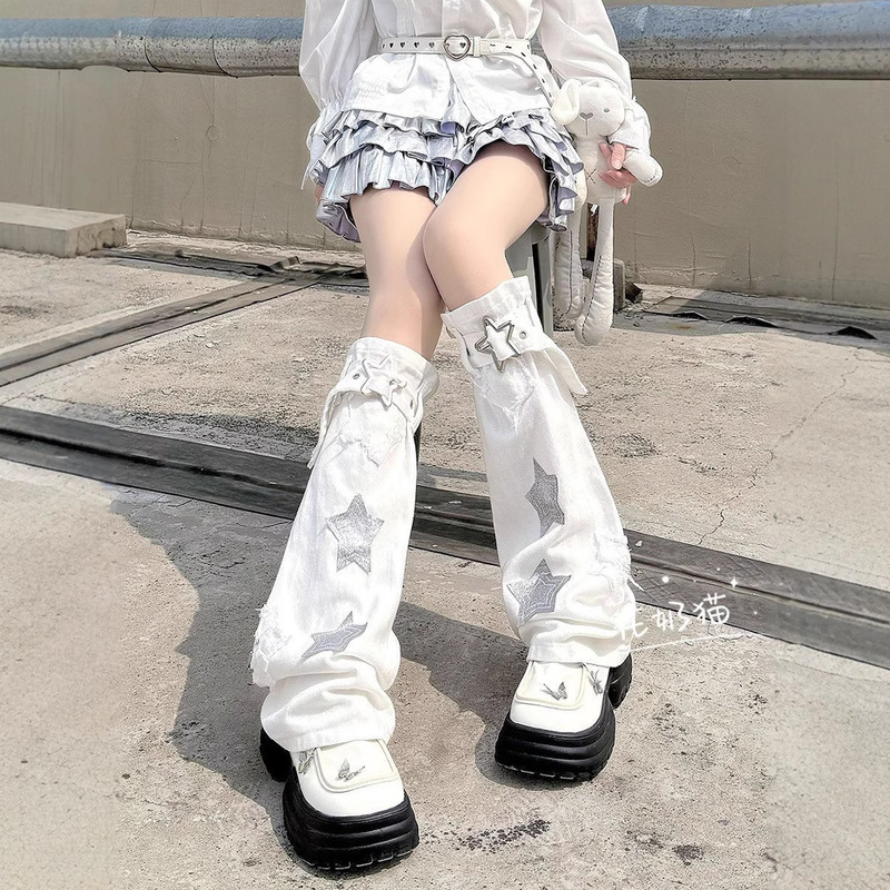 Y2K Subculture Sexy Star Scar Leg Covers Cos Denim Star Wide Leg Socks Punk Niche Mid-Tube Jk Women's Socks