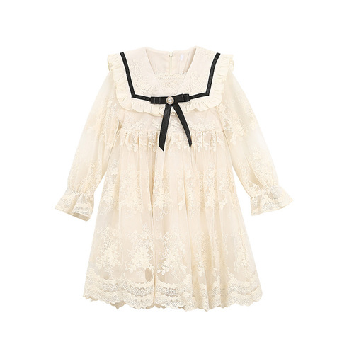 Korean Girls' Spring Dress 2024 Korean Version Children's Lace Embroidery Baby Long Sleeve Princess Dress European and American Children's Dress