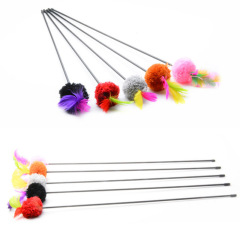 Cat supply wholesale elastic plastic long rod with string ball colorful feather cat toy wands wholesale rod length 55cm cat toys