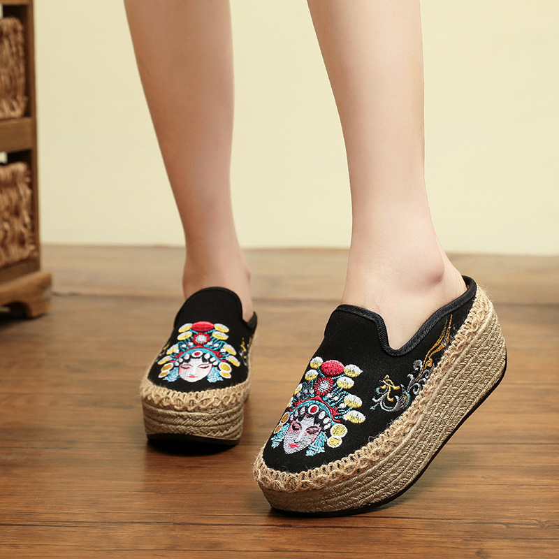 1618-110 Peking Opera Facial Mask High Heel Wedge Chinese Style Embroidered Women's Slippers Women's Sandals Embroidered Cloth Shoes