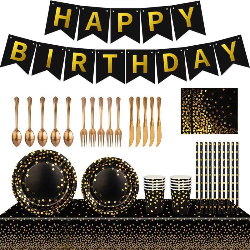 Paper Plate Black Hot Stamping Dot Series Christmas and New Year Cross-Border Supplies Disposable Paper Cup Factory Direct Sales