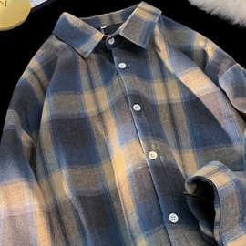 春秋长袖格子衬衫男拼色百搭休闲潮牌港风日系复古青少年法式衬衣