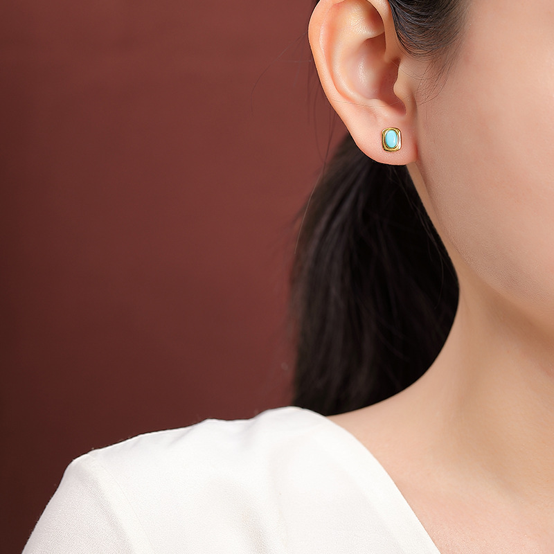 Bông tai bạc S925 mạ vàng đính đá ngọc lam hình trứng — Một cặp