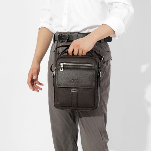 Men's casual sling bag, men's lychee-pattern leather bag, shoulder/crossbody bag, handheld tote