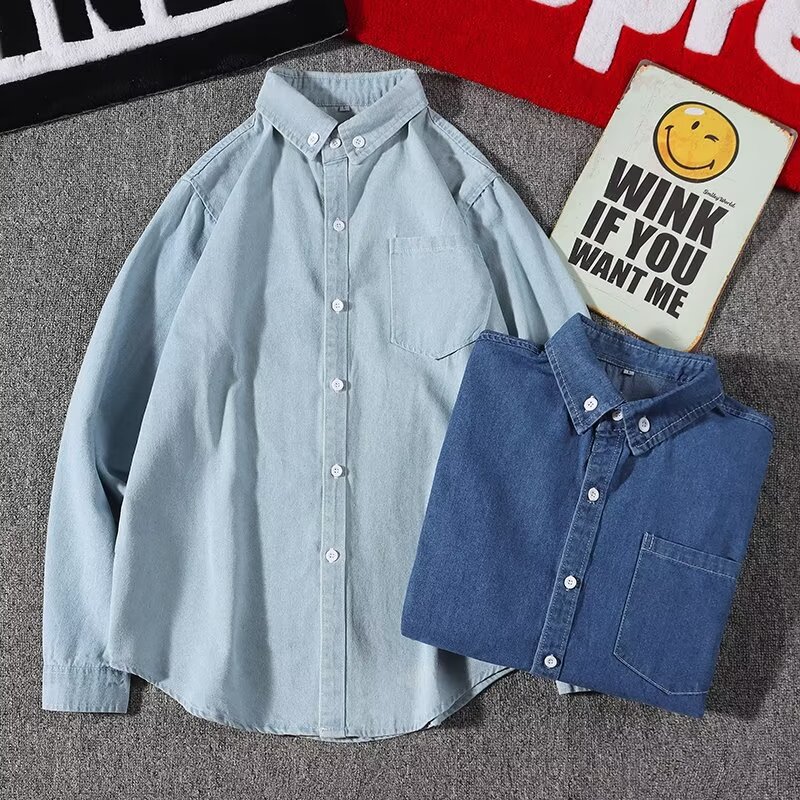 Washed Denim Shirt Men's Long-Sleeved 2024 Spring New Trendyy Design Sense Fashionable Casual Pure Color Versatile Jacket