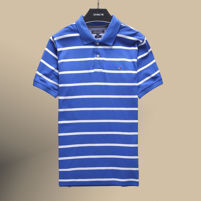 貿易夏 TOMMY トミーストライプ半袖ポロシャツメンズピュアコットンメンズラペル半袖 Tシャツカジュアル|undefined
