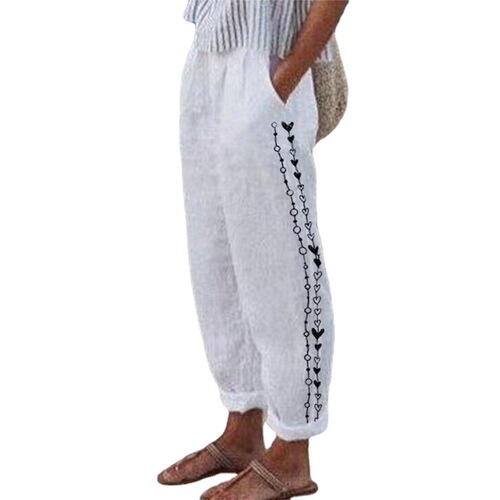 Autumnwish European and American Sweet Fresh-style Printed Cotton-Linen Elastic-Drawstring Casual Pants