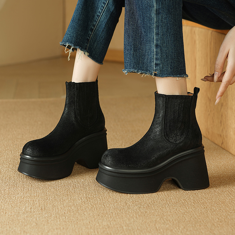 Giày boot Chelsea nữ cổ thun đế dày 10 cm chống nước mùa thu đông — đen, nâu sẫm
