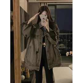 美式复古破洞牛仔夹克外套女春秋大码胖mm酷辣妹高街别致上衣女冬