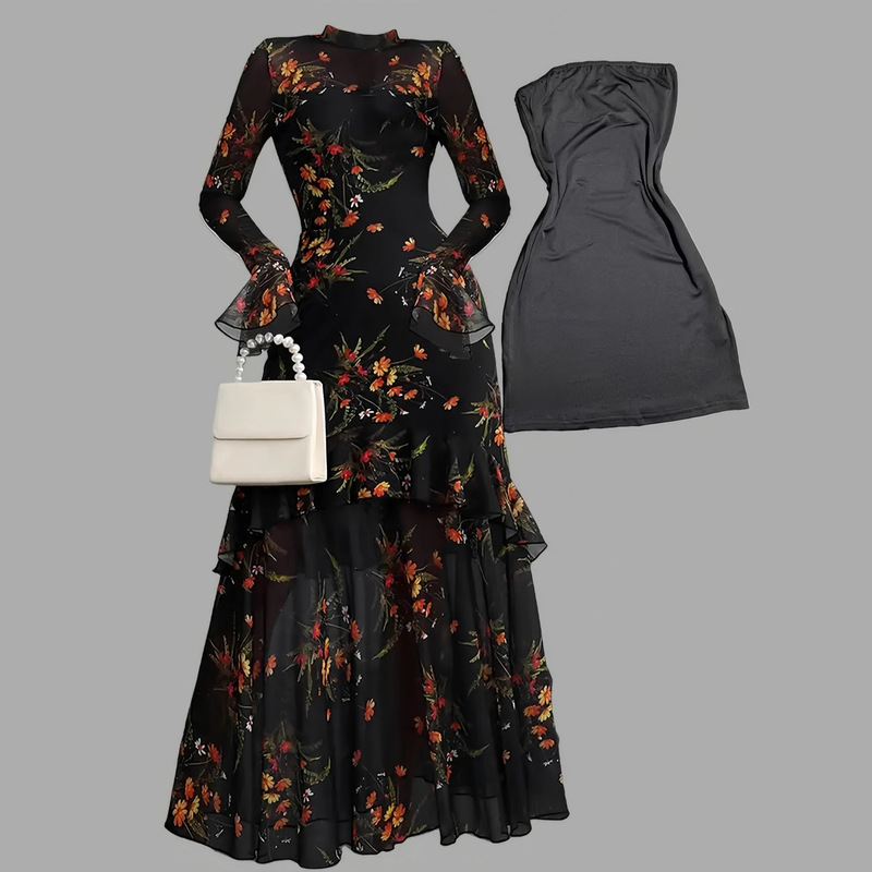 Large Quantity of Ready-Made Two-Piece Sets, Black Spaghetti Strap Floral Dress, Elegant and Fairy-Like, Sweet French Mid-Length Dress