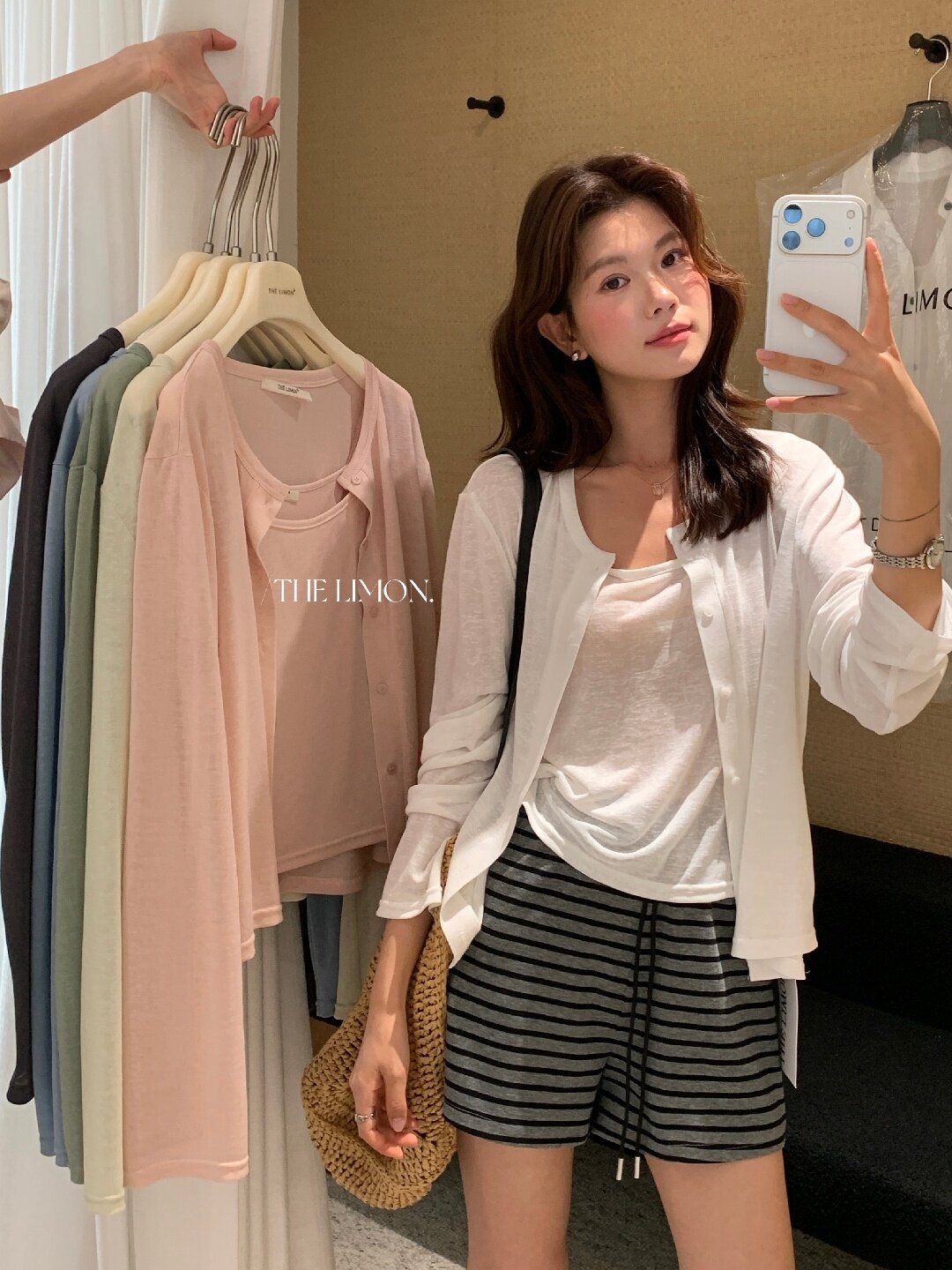 Bộ cardigan len mỏng kèm áo hai dây hai mảnh nữ mùa hè — Xám cacbon, xanh lam, màu hồng, Đậu xanh chi tiết 47