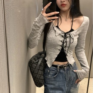 Sweet and Spicy Design Sense Summer New Spicy Caution Machine Sling Strap Cardigan Women's Thin Knitted Top Two-piece Set