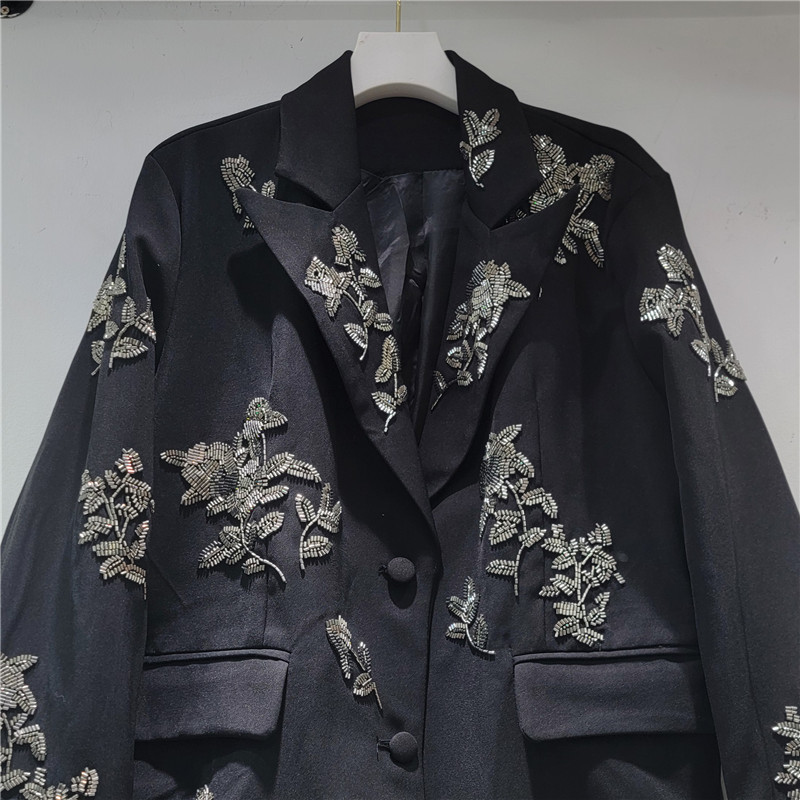 Saco Blazer Mediano con Lentejuelas para Mujer Algodón Poliéster Manga Larga Cuello de Solapa