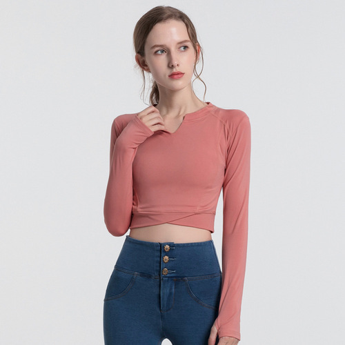 Cross-border tight-fitting women's elastic slimming yoga top long-sleeved running training fitness top feminine midriff-baring