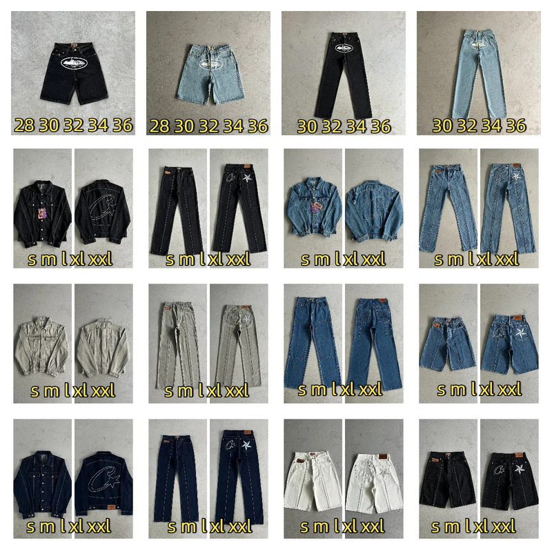 2025Ss Corteiz Denim Shorts Series Long Pants Denim Jacket Set Men's Ukdripdrill