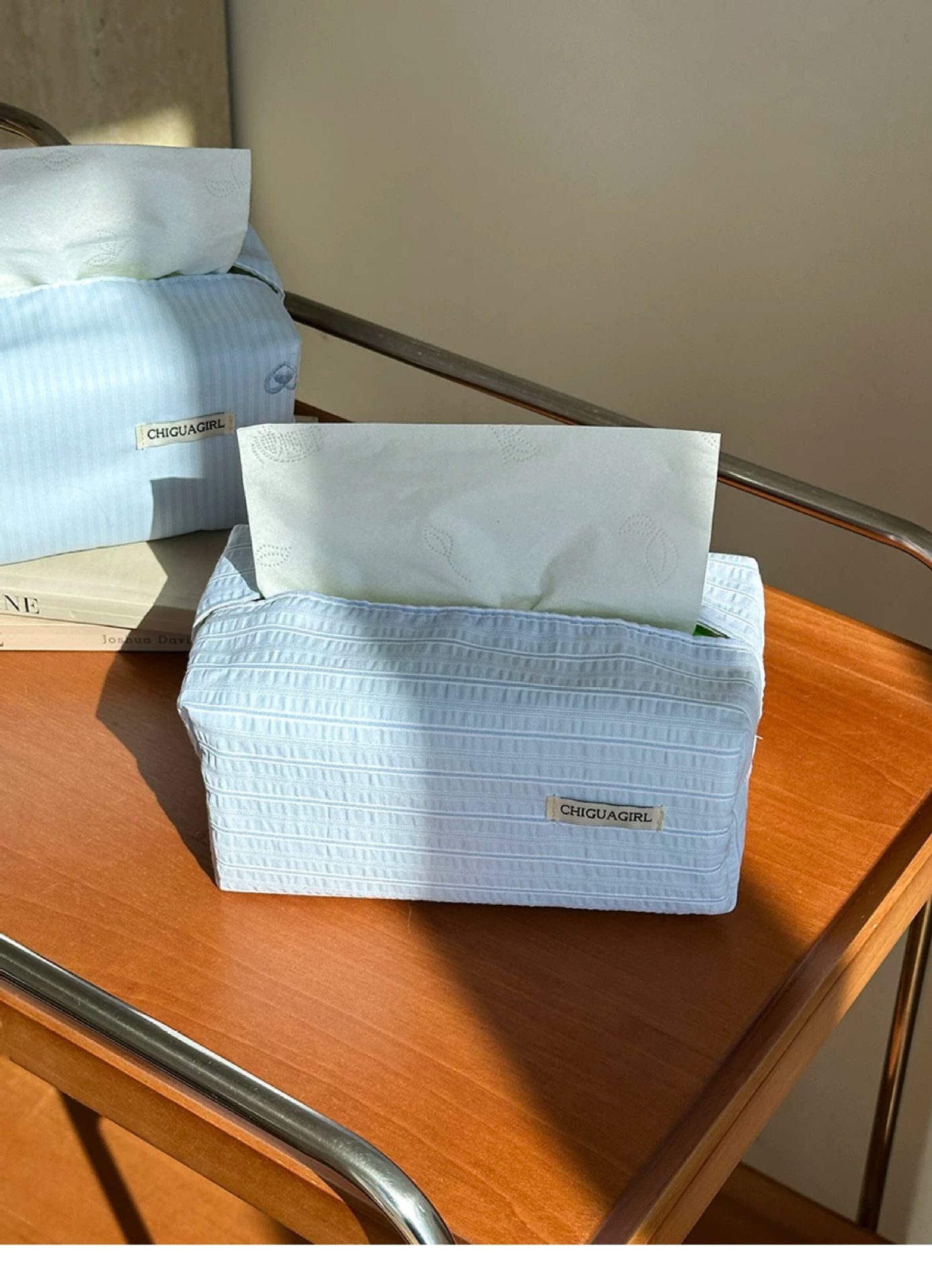 Korean-Style Blue Striped Tissue Box Fabric Tissue Cover with Simple Embroidery, High-End Feel, Desktop Decoration Ornament