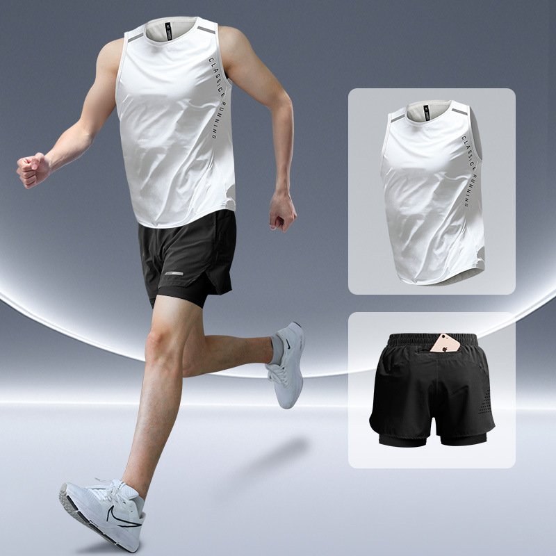 スポーツランニングスーツメンズマラソンアイスシルク速乾ベスト夏陸上トレーニングショーツフィットネス服と機器|undefined