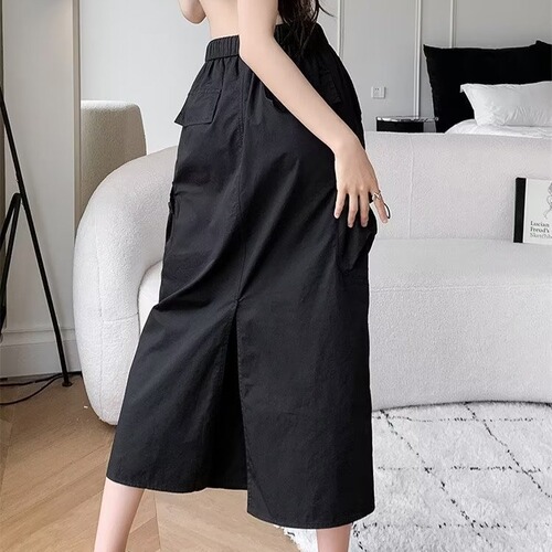 Women's Loose Fit American Workwear Skirt with Elastic Waist, Drawstring, Casual, Versatile A-line Medium-length Skirt with Slits