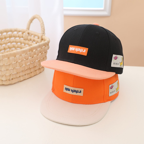  Spring New Children's Duckbill Hat Wholesale Korean Style Leather Brand Hip-Hop Hat Color Block Flat Brim Baseball Cap